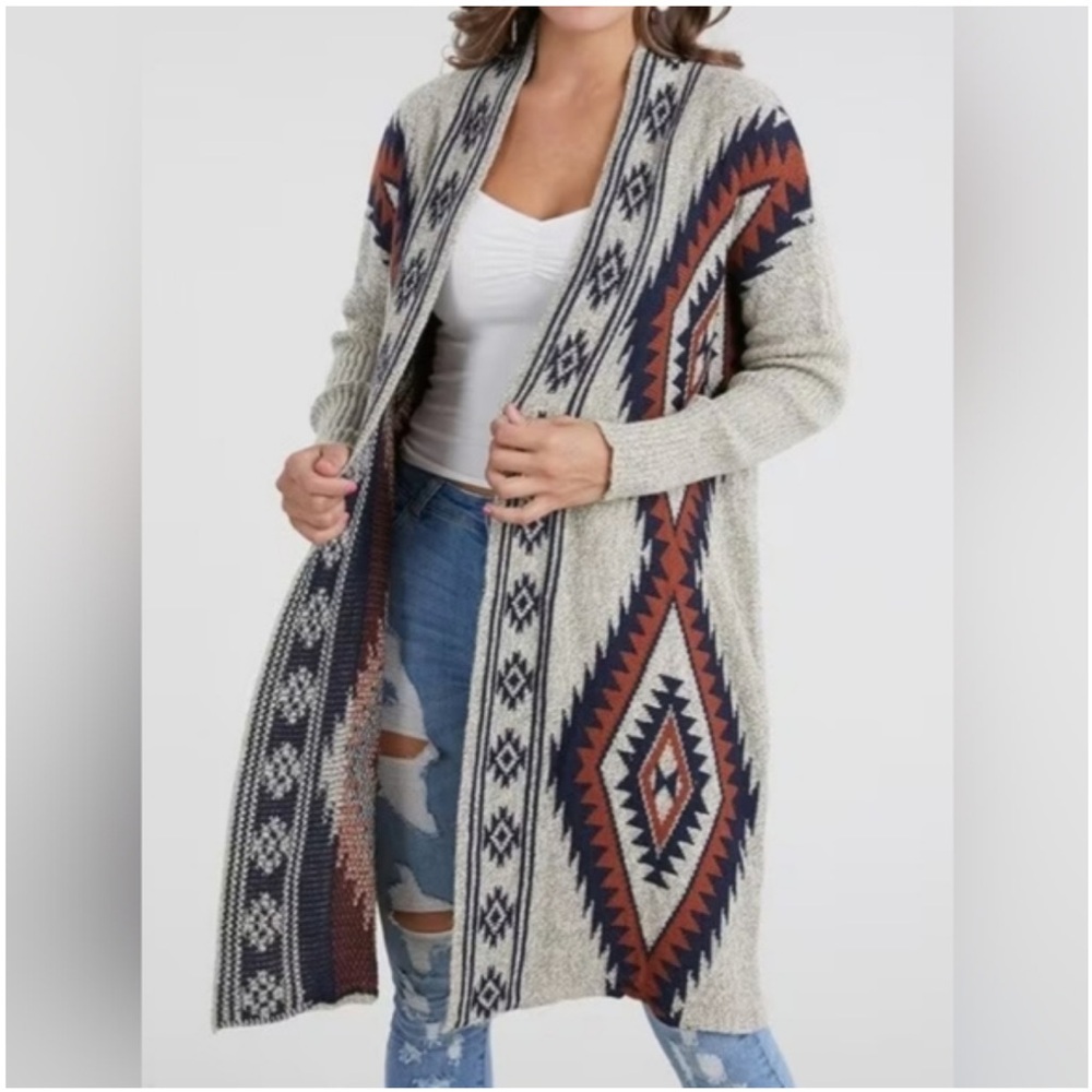Oceanus Western Tribal Pattern Open Blue Gray Boho Cardigan Medium